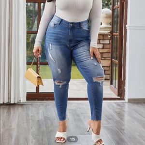 High waist distressed stretch denim